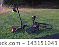 Electric scooter and bicycle resting on green grass in a public park during golden hour. Personal mobility equipment parked outdoors after an active ride in warm evening light. 143151043