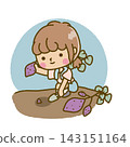 A person digging up sweet potatoes (in casual clothes and with background). 143151164