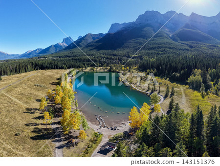Aerial view of the autumn foliage and emerald green surface of Lake Quarry. Canmore, Alberta, Canada. Aerial view of the autumn foliage and emerald green surface of Lake Quarry. Canmore, Alberta, Canada. 143151376