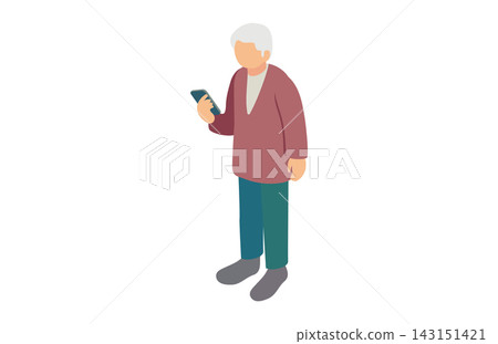 一位老年男子正在看智慧型手機的等距視圖。老年人，長者，男性，全身像，插圖。 143151421
