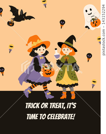 Cute Halloween greeting card with witches candy pumpkins and spooky decorations Cute Halloween greeting card with witches candy pumpkins and spooky decorations 143152294