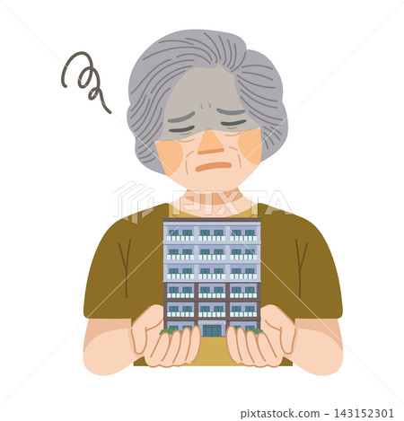 一幅描繪一位後悔擁有公寓的老婦人的插圖。 143152301