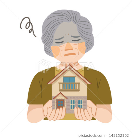 An illustration of an elderly woman who regrets owning a detached house. An illustration of an elderly woman who regrets owning a detached house. 143152302