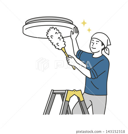 An illustration of a man mopping the ceiling light fixture while standing on a stepladder during year-end cleaning. An illustration of a man mopping the ceiling light fixture while standing on a stepladder during year-end cleaning. 143152318