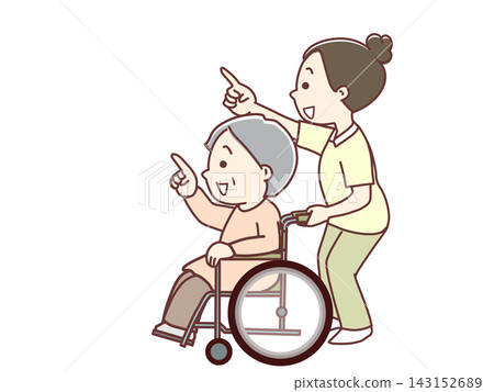 一位坐在輪椅上的老婦人和她的護理人員指著上方。 一位坐在輪椅上的老婦人和她的護理人員指著上方。 143152689