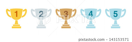 Trophy illustration icon set. Pictograms of gold, silver, and bronze cups. Trophy illustration icon set. Pictograms of gold, silver, and bronze cups. 143153571