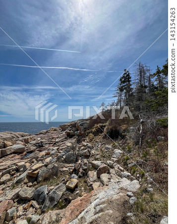 Scenic Atlantic coastal view of Herring Cove granite rocks ocean and blue sky Nova Scotia Scenic Atlantic coastal view of Herring Cove granite rocks ocean and blue sky Nova Scotia 143154263