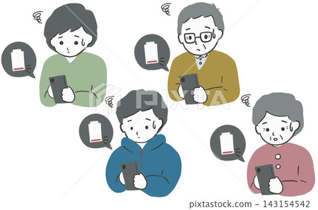 一組插圖,描繪了人們因為智慧型手機沒電而感到煩惱的情景。 一組插圖,描繪了人們因為智慧型手機沒電而感到煩惱的情景。 143154542