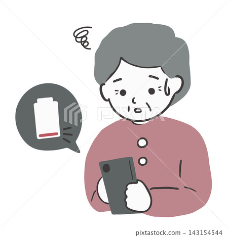 An illustration of an elderly woman who is troubled because her smartphone battery has died. An illustration of an elderly woman who is troubled because her smartphone battery has died. 143154544
