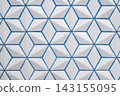 Close-up of a wall with a geometric pattern of white three-dimensional tiles and blue grout. 143155095
