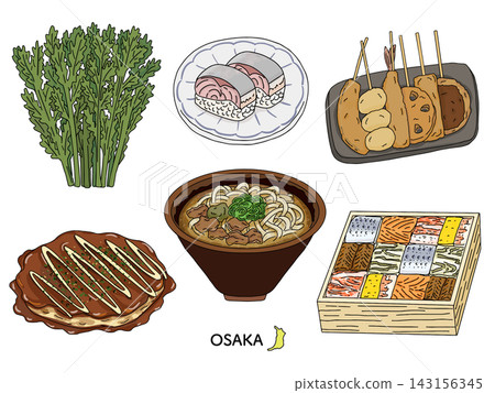 一組描繪大阪料理的線描插圖，包括大阪燒、串炸、粕烏龍麵和其他日本料理。 143156345