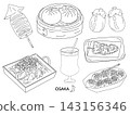 A set of line art illustrations of Osaka gourmet food, including takoyaki, pork buns, and chiritori nabe (a type of hot pot). Features a white background and monochrome illustrations. 143156346