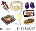 Osaka Gourmet Line Drawing Illustration Set: Takoyaki, Pork Buns, Chiritori Nabe, and other Japanese gourmet foods on a white background. 143156347