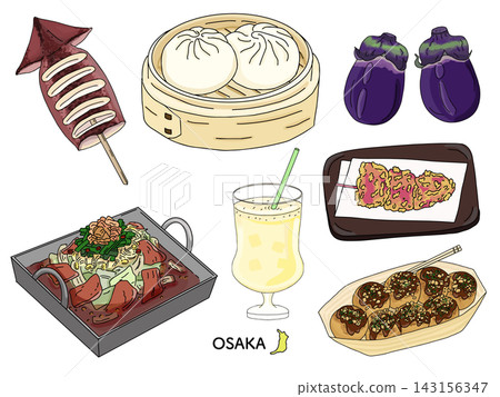 大阪美食線描插圖集:章魚燒、豬肉包、炸雞火鍋等日本美食,白色背景。 大阪美食線描插圖集:章魚燒、豬肉包、炸雞火鍋等日本美食,白色背景。 143156347