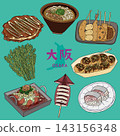 Line art illustration banner of Osaka gourmet food. Green background material for advertising Japanese gourmet products at product exhibitions and fairs. 143156348