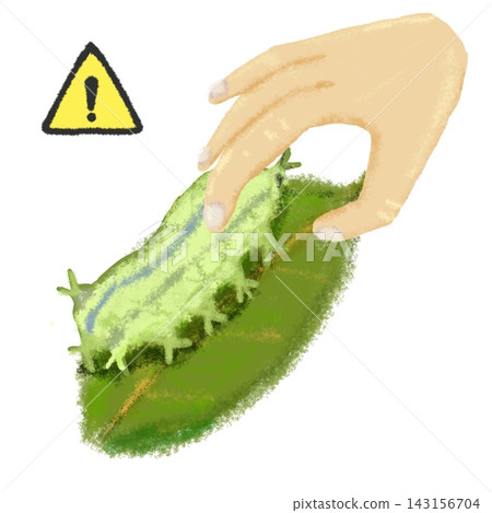 An illustration of a hand and a leaf warning about the larvae of the slug caterpillar. An illustration of a hand and a leaf warning about the larvae of the slug caterpillar. 143156704