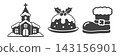 A monochrome icon set of a snow church, Christmas pudding, and Santa boots. 143156901
