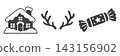 A monochrome icon set of a snow house, reindeer antlers, and Christmas crackers. 143156902