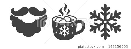 Christmas icons featuring Santa's beard, hot chocolate, and snowflakes. 143156903