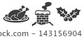 Christmas monochrome icon featuring roast chicken, a snow-covered chimney, and holly. 143156904