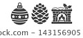 A monochrome icon set featuring Christmas ornaments, pine cones, and a fireplace. 143156905