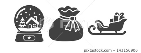 Christmas icon set featuring a snow globe, Santa's gift bag, and a sleigh. Christmas icon set featuring a snow globe, Santa's gift bag, and a sleigh. 143156906