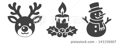 A monochrome icon set featuring reindeer, Christmas candles, and a snowman. A monochrome icon set featuring reindeer, Christmas candles, and a snowman. 143156907