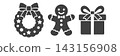 Monochrome icons of a Christmas wreath, gingerbread man, and presents 143156908