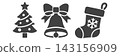A monochrome holiday icon set featuring a Christmas tree, bells, and stockings. 143156909