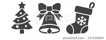 A monochrome holiday icon set featuring a Christmas tree, bells, and stockings. A monochrome holiday icon set featuring a Christmas tree, bells, and stockings. 143156909