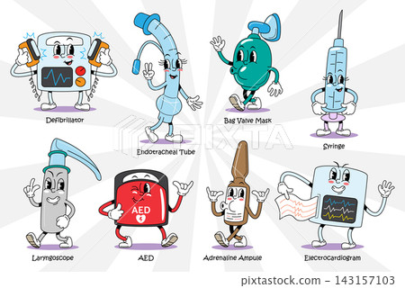 Emergency equipment retro 1930s style rubber hose cartoon characters set, featuring defibrillator, endotracheal tube, bag valve mask, syringe, laryngoscope, AED, adrenaline, ECG. Vector illustration Emergency equipment retro 1930s style rubber hose cartoon characters set, featuring defibrillator, endotracheal tube, bag valve mask, syringe, laryngoscope, AED, adrenaline, ECG. Vector illustration 143157103