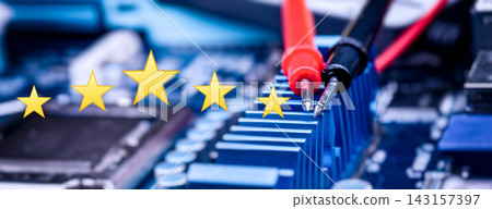 Computer Hardware Quality Rating with Electronic Test Probes, Motherboard Diagnostics and Five Star Service Concept Computer Hardware Quality Rating with Electronic Test Probes, Motherboard Diagnostics and Five Star Service Concept 143157397