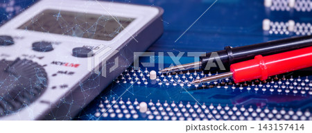 Electronic Circuit Board Diagnostics with Multimeter Test Probes, Digital Network Overlay and Engineering Technology Electronic Circuit Board Diagnostics with Multimeter Test Probes, Digital Network Overlay and Engineering Technology 143157414