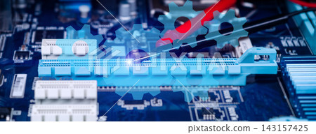 Electronic Motherboard Repair with Soldering Tool and Digital Gear Icons Representing Maintenance and Technology Engineering Electronic Motherboard Repair with Soldering Tool and Digital Gear Icons Representing Maintenance and Technology Engineering 143157425