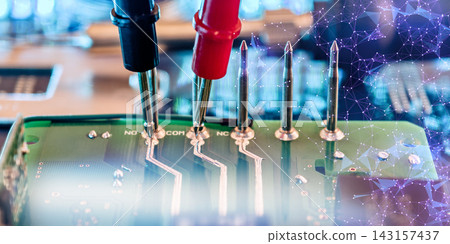 Printed Circuit Board Inspection with Precision Measurement Probes and Futuristic Connectivity Interface for Electronics Testing Printed Circuit Board Inspection with Precision Measurement Probes and Futuristic Connectivity Interface for Electronics Testing 143157437
