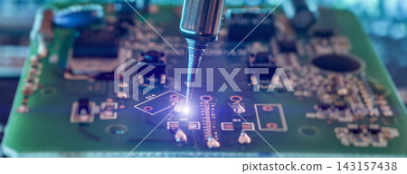 Electronic Circuit Board Repair with Soldering Iron and Glowing Contact Point for Technical Service and Engineering Work Electronic Circuit Board Repair with Soldering Iron and Glowing Contact Point for Technical Service and Engineering Work 143157438
