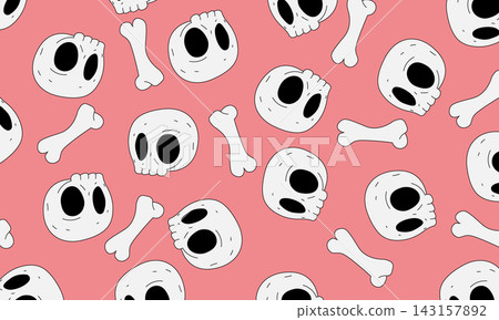 Skull and bone cartoon in doodle style on pink background. Skull and bone cartoon in doodle style on pink background. 143157892
