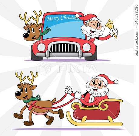 Santa claus retro 1930s style rubber hose cartoon characters set for Christmas design, featuring driving red car and reindeer sleigh. Vector illustration. Santa claus retro 1930s style rubber hose cartoon characters set for Christmas design, featuring driving red car and reindeer sleigh. Vector illustration. 143158286