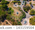 Military base with artillery positioned on platforms among trees 143159504
