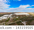 Large quarry landscape with machinery and open space under a blue sky during daytime 143159505