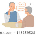 An illustration of a senior man with poor articulation who is difficult to understand, and his bewildered friend. 143159528