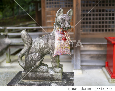 A guardian fox at Inari Shrine wearing an apron A guardian fox at Inari Shrine wearing an apron 143159622