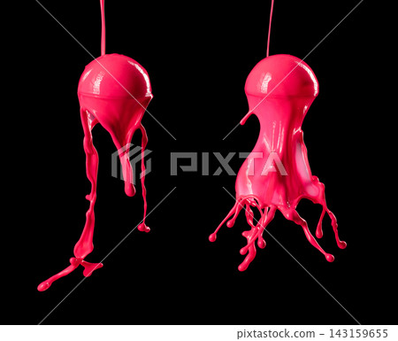 Neon pink paint pouring down curve ball. Fluorescent pink liquid water melting over Black background isolated. Bright choc pink paint melt down on sphere ball sticky spike Neon pink paint pouring down curve ball. Fluorescent pink liquid water melting over Black background isolated. Bright choc pink paint melt down on sphere ball sticky spike 143159655