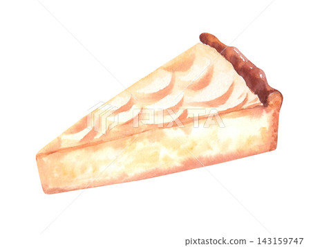 Watercolor illustration: a slice of layered cream pie with a golden-brown crust and apple slices on top, close-up, on a clean white background. Watercolor illustration: a slice of layered cream pie with a golden-brown crust and apple slices on top, close-up, on a clean white background. 143159747