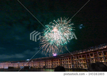 大阪關西世博會(2025 年世博會)、水上廣場和煙火的夜景。 大阪關西世博會(2025 年世博會)、水上廣場和煙火的夜景。 143161803