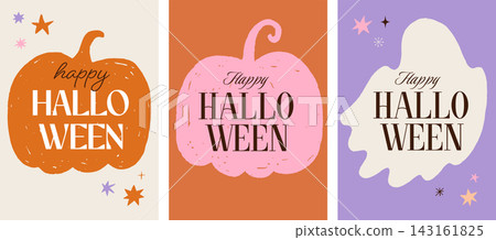 Happy Halloween greeting card collection with pumpkins and ghost frame. Grunge hand drawn vector Happy Halloween greeting card collection with pumpkins and ghost frame. Grunge hand drawn vector 143161825