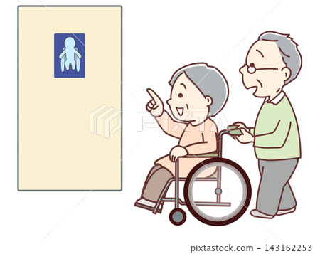 照護，指著廁所，一名照顧者推著坐在輪椅上的婦女去上廁所。 143162253