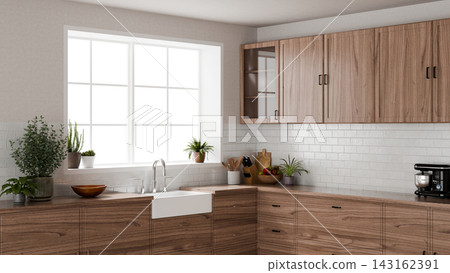 3D Illustration of Modern Scandinavian Kitchen Interior with Wooden Cabinets, Farmhouse Sink, and Indoor Plants 143162391