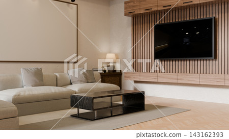 3D Illustration of Modern Minimalist Living Room Interior with Wooden TV Wall, Marble Coffee Table and Beige Sofa 3D Illustration of Modern Minimalist Living Room Interior with Wooden TV Wall, Marble Coffee Table and Beige Sofa 143162393