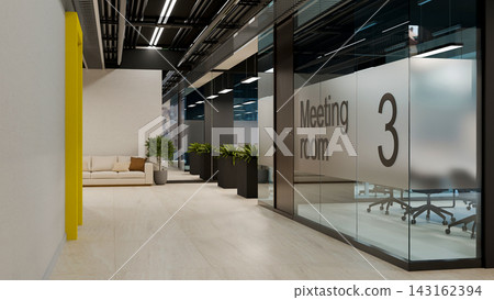 3D Illustration of Modern Business Meeting Room Corridor with Glass Walls and Yellow Accent in Contemporary Office 3D Illustration of Modern Business Meeting Room Corridor with Glass Walls and Yellow Accent in Contemporary Office 143162394